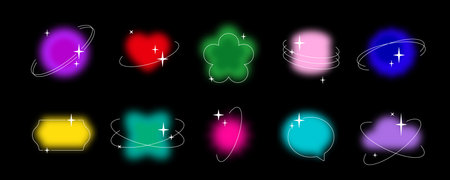 Blurry vector template shapes set with y2k aura brutalism effect and linear orbits with stars. Colorful contemporary decorative elements collection Trendy distressed abstract banners bundle. Isolatedのイラスト素材