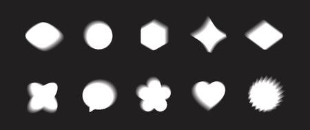 Blurry vector template shapes set with y2k aura brutalism effect. White on black contemporary decorative elements collection. Trendy distressed abstract banners bundle Isolatedのイラスト素材