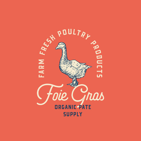 Farm Fresh Duck Poultry Abstract Vector Sign, Symbol or Logo Template. Hand Drawn Goose Sillhouette with Retro Typography Script. Vintage Foie Gras Bird Emblem Isolatedのイラスト素材