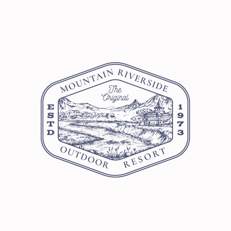 Outdoor Recreation Vacation Frame Badge Logo Template. Hand Drawn Mansion Building near River and Mountains Landscape Sketch with Retro Typography and Borders. Vintage Sketch Emblem Isolatedのイラスト素材