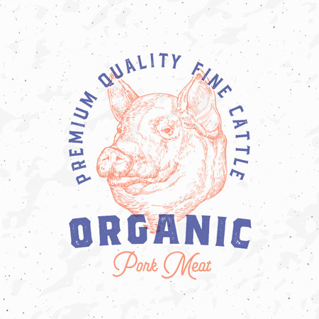 Risograph Style Pork Meat Farm Retro Badge Logo Template. Hand Drawn Pig Cattle Face Sketch with Retro Typography. Vintage Steaks Sketch Emblem Print Isolatedのイラスト素材