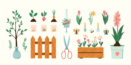 Home vegetables gardening hobby illustrations set. Vector plants, flowers, and garden tools spring seasonal flat style collection Isolatedのイラスト素材