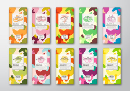 Chocolate Label Templates Set. Abstract Shapes Vector Packaging Design Layout with Realistic Shadows. Hand Drawn Fruit Silhouette and Colorful Camouflage Pattern Backgrounds Collection Isolatedのイラスト素材