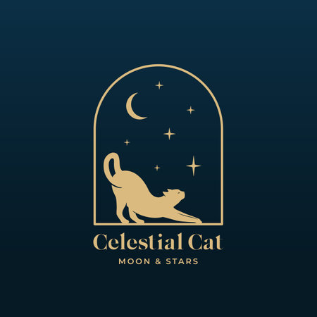 Celestial cat absttract vector logo template. Stratching cat silhouette on the night arch window with moon and stars in the sky background Isolatedのイラスト素材
