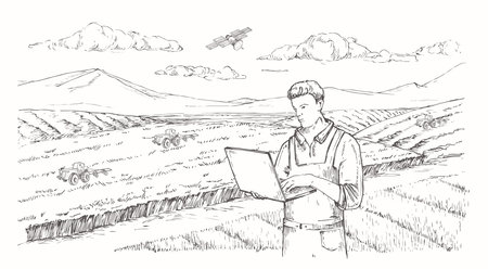 Precision Agriculture Vector Illustration. Hand Drawn Farmer with Laptop Operating Tractors with Satellite Engraving Style Drawing. Modern Automated Crop Production Doodle. Isolatedのイラスト素材