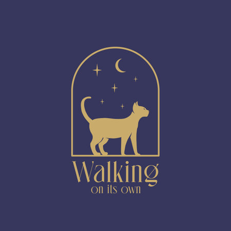 Walking cat abstract vector logo template. Cat silhouette on the night arch window with moon and stars in the sky background Isolatedのイラスト素材