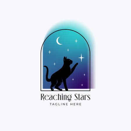 Blurry y2k aura brutalism style absttract vector logo template. Black cat silhouette on the night arch window reaching for the stars in the sky with moon background Isolatedのイラスト素材