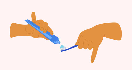 People hands doing morning routine close up vector illustration. Palms with toothpaste and toothbrush flat style drawings collection Isolatedのイラスト素材