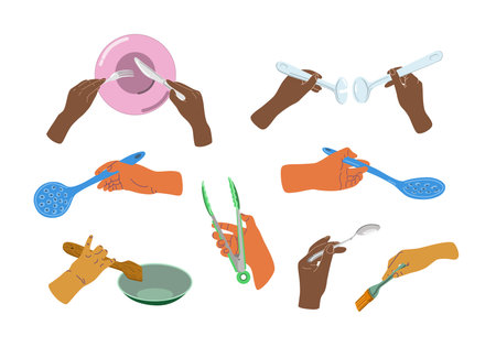 People hands doing morning routine close up vector illustrations set. Palms applying nourishing cream, lotion, serum and toothpaste on toothbrush flat style drawings collection Isolatedのイラスト素材