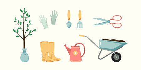 Garden ware flat style vector illustrations set. Gardening equipment and products including tools, garden shoes, wheelbarrow and seedlings collection Isolatedのイラスト素材