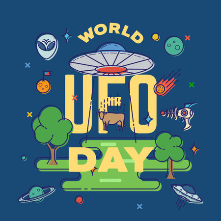 World UFO Day Abstract Vector Greeting Card Label Template. Alien Spaceship Cow Abduction Flat Graphics Illustration with Aliens Face, Blaster Gun, Planets and other Elements Isolatedのイラスト素材