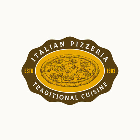Italian Cuisine Abstract Vector Sign Logo Template. Hand Drawn Sketch Pizza with Retro Typography. Traditional Mediterranean Food Frame Badge Emblem Isolatedのイラスト素材