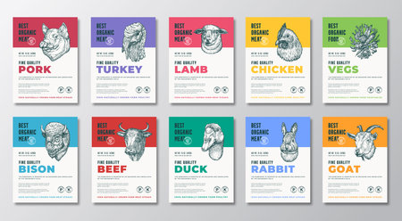 Best Organic Meat, Poultry, Herbs and Vegetables Vector Label Packaging Templates Set. Farm Grown Products Banners Hand Drawn Domestic Animal Heads Silhouette Backgrounds Layout Collectionのイラスト素材