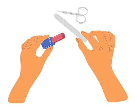 People hands doing nail care manicure close up vector illustration Palms file, nail paint and scissors flat style drawings collection Isolatedのイラスト素材