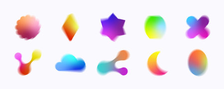 Blurry shapes set with y2k aura brutalism effect. Colorful contemporary decorative holographic gradient elements collection. Trendy distressed abstract banners vector templates bundle Isolatedのイラスト素材