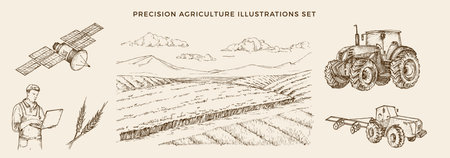 Precision Agriculture Vector Illustrations Set. Hand Drawn Farmer with Laptop Operating Tractor with Satellite and Field Landscape Drawings Collection Modern Automated Crop Production Doodle Isolatedのイラスト素材