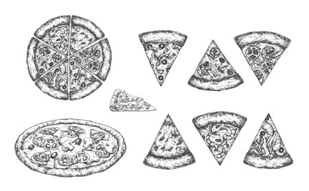 Pizza Hand Drawn Sketches Set. Italian Food Vector Illustrations Collection. Natural Italian Cuisine Doodle Isolatedのイラスト素材