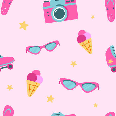 Barbiecore hot pink roller skates, cameras, eyeglasses and icecream vector seamless pattern Doll...