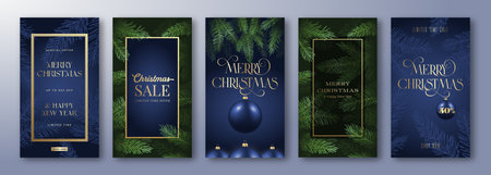 Christmas Stories Vector Advertising Cards Collection. Pine Branches Background with Realistic Baubles, Text Copy Space and Shop Now Button New Year Winter Holidays Story Decoration Templateのイラスト素材