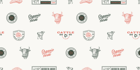 Hand Drawn Cows Illustrations and Typography Lettering Vector Seamless Background Pattern Beef Meat Steaks and Cattle Farm Products Sketches Card, Wrapping or Cover Templateのイラスト素材