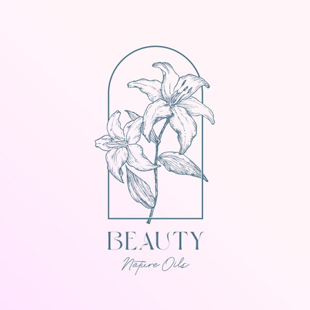 Lilly hand drawn flower emblem and typography. Trendy health care natural floral oil cosmetics logo template with frame arch. Colorful contemporary decorative gradient background Isolatedのイラスト素材