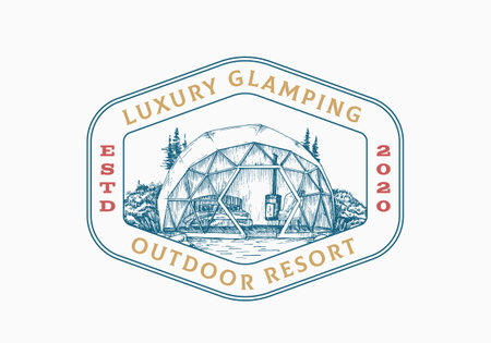 Glamping Recreation Retro Frame Badge Logo Template. Hand Drawn Comfortable Outdoor Tent with Mountains and Forest Landscape Sketch with Typography. Nature Rest Emblem Isolatedのイラスト素材