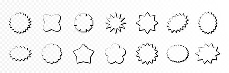 Sun starburst promo frame badge shapes set. Colorful price offer stars decorative sun explosion elements collection. Trendy vintage abstract callout cartoon banners vector templates bundle Isolatedのイラスト素材