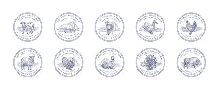 Farm Meat and Poultry Frame Retro Badges or Logo Templates Set. Hand Drawn Domestic Animals and Rural Landscape Sketches with Retro Typography. Vintage Sketch Emblems Collection Isolatedのイラスト素材