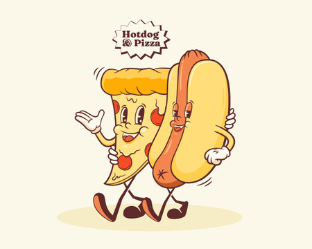 Groovy Pizza and Hotdog Retro Characters Drawing. Cartoon Food Slice and Wiener Sausage Walking and Smiling. Vector Fast Food Mascot Template. Happy Vintage Cool Illustration. Isolatedのイラスト素材