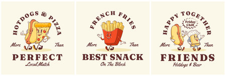 Retro Cartoon Groovy Fast Food Characters Labels Set. French Fries, Hotdog, Pizza and Beer Mascot Signs Collection Isolatedのイラスト素材