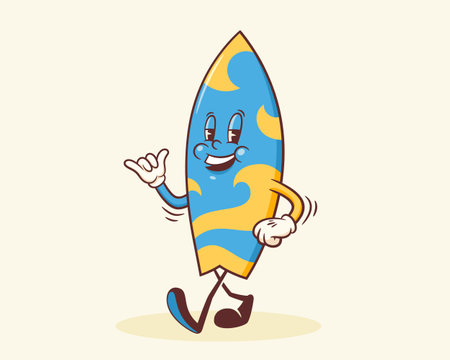 Groovy Surfboard Retro Character. Cartoon Surf Walking Smiling Vector Surfing Mascot Template. Happy Vintage Cool Summer Beach Personage Illustration Isolatedのイラスト素材