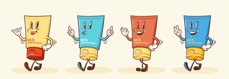Groovy Sunscreen Cream Retro Characters Collection. Cartoon Sun UV Protection Tube Walking Smiling Vector Summer Mascot Templates Set. Happy Vintage Beach Personage Illustrations Isolatedのイラスト素材
