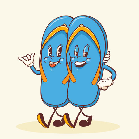 Summer Beach Retro Cartoon Characters. Groovy Flip Flops Slippers Illustration. Vintage Personage Walking and Smiling Vector Drawing Isolatedのイラスト素材
