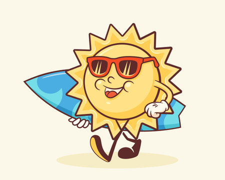 Summer Sunny Surfing Retro Cartoon Character Label. Groovy Sun with Surf Board Illustration. Beach Personage Walking Smiling Vintage Vector Drawing Logo Poster Isolatedのイラスト素材