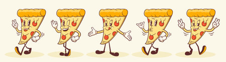 Groovy Pizza Retro Characters Set. Cartoon Food Slice Walking and Smiling. Vector Fastfood Mascot Templates Collection. Happy Vintage Fast Food Cool Illustrations Isolatedのイラスト素材