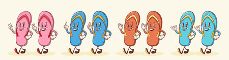 Summer Beach Retro Cartoon Characters Set. Groovy Flip Flops Slippers Illustration. Vintage Personage Walking and Smiling Vector Drawings Collection Isolatedのイラスト素材