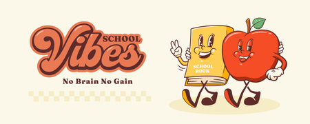 Groovy Back to School Retro Characters Banner. Cartoon Book and Apple Walking and Smiling. Vector Education Mascot Templates. Happy Vintage Cool Learning Personage Illustrations Isolatedのイラスト素材