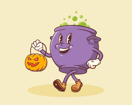 Halloween Groovy Cauldron Pumpkin Retro Character. Cartoon Jack O Lantern Walking and Smiling. Vector Autumn Holiday Mascot Template. Happy Vintage Cool Illustration Isolatedのイラスト素材