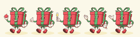 Christmas Groovy Gift Box Retro Characters Set. Cartoon Decorative Personage Collection. Vector Winter Holiday Mascot Templates. Happy Vintage Cool New Year Illustrations Isolatedのイラスト素材
