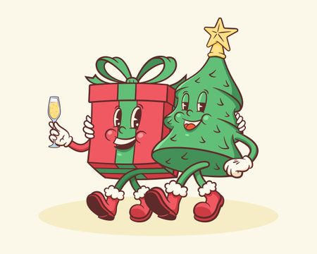 Christmas Groovy Pine Tree and Gift Box Retro Characters. Cartoon Xmas Personage Illustration. Vector Winter Holiday Mascot Template Background. Happy Vintage Cool Drawing Isolatedのイラスト素材