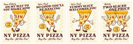 Groovy Pizza Retro Character Posters Set. Cartoon Food Slice Walking and Smiling. Vector Fast Food Delivery Mascot Templates Collection. Happy Vintage Cool Illustrations Isolatedのイラスト素材