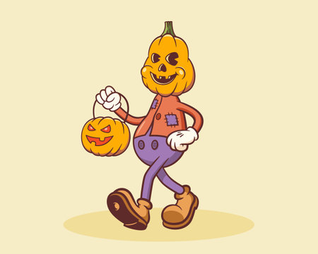Halloween Groovy Pumpkin Retro Character. Cartoon Jack O Lantern Walking and Smiling. Vector Autumn Holiday Mascot Template. Happy Vintage Cool Illustration Isolatedのイラスト素材