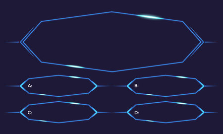 Quiz Game Blue Neon Frame UI. Intellectual Challenge Game Questions Layout Template. TV Show Trivia Contest Menu Multiple Choice Screen Vector Questionnaire Infographic Interfaceのイラスト素材