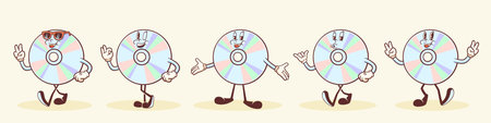 Groovy CD Retro Characters Set. Cartoon Music Compact Disk Record Personage Walking, Dancing and Smiling. Vector Funny Disco Mascot Templates Collection. Happy Vintage Cool Illustrations Isolatedのイラスト素材