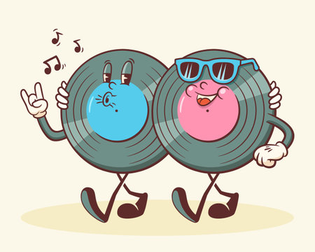 Groovy Vinil Retro Characters. Cartoon Music Disk Record Personage Walking, Whistling and Smiling. Vector Funny Disco Mascot Template. Happy Vintage Cool Illustration Isolatedのイラスト素材