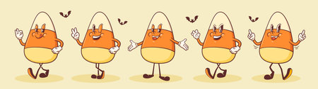 Halloween Groovy Candy Corn with Pumpkin Retro Characters Set. Cartoon Sweets Walking and Smiling. Vector Autumn Holiday Mascot Templates Collection. Happy Vintage Cool Illustration Isolatedのイラスト素材