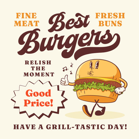 Groovy Burger Retro Character Card Poster. Cartoon Hamburger Smiling Vector Food Mascot Logo Template. Happy Vintage Cool Fast Food Illustration with Typography Isolatedのイラスト素材