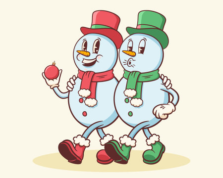 Christmas Groovy Santa Snowman Twins Retro Characters. Cartoon Xmas Personage Illustration. Vector Winter Holiday Mascot Template Background. Happy Vintage Cool Drawing Isolatedのイラスト素材