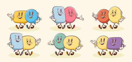 Vector Talk Language Learning Groups of Characters Illustrations Set. Groovy Cartoon Speech Bubbles Conversation in Pairs Chat Message Personage Collection Isolatedのイラスト素材