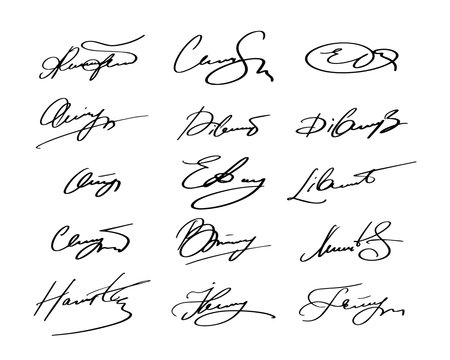 Signature Fake Autograph Vector Signs Set. Handwritten Fictitious Personal Scribbles Elements Collection. Documents Sign Doodles on White Background. Isolatedのイラスト素材